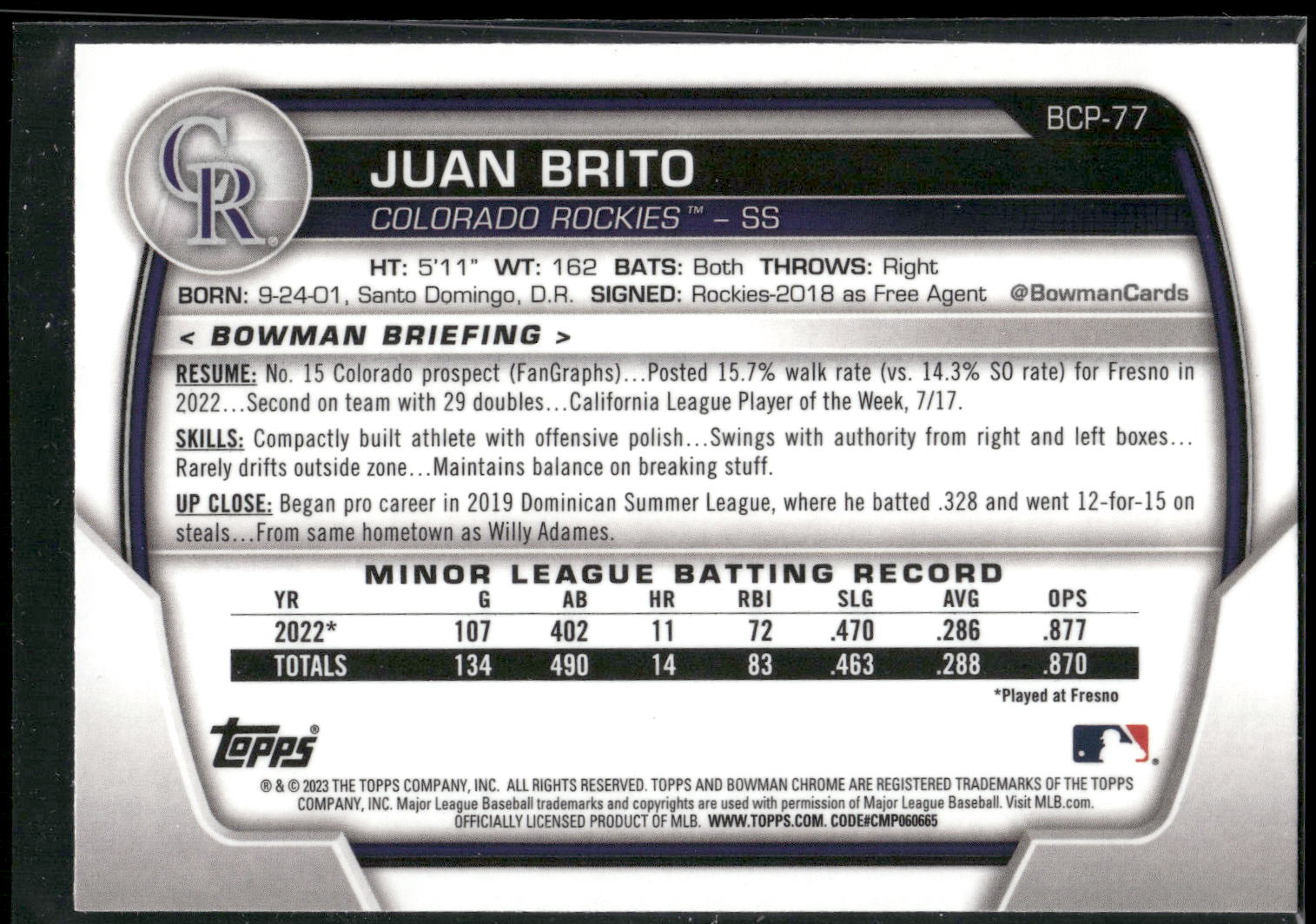 2023 Bowman #BCP-77 Juan Brito Chrome Prospects