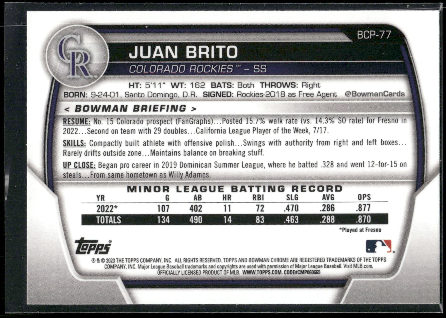 2023 Bowman #BCP-77 Juan Brito Chrome Prospects