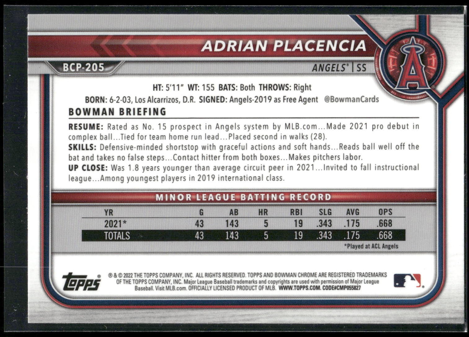 2022 Bowman Chrome #BCP-205 Adrian Placencia Prospects