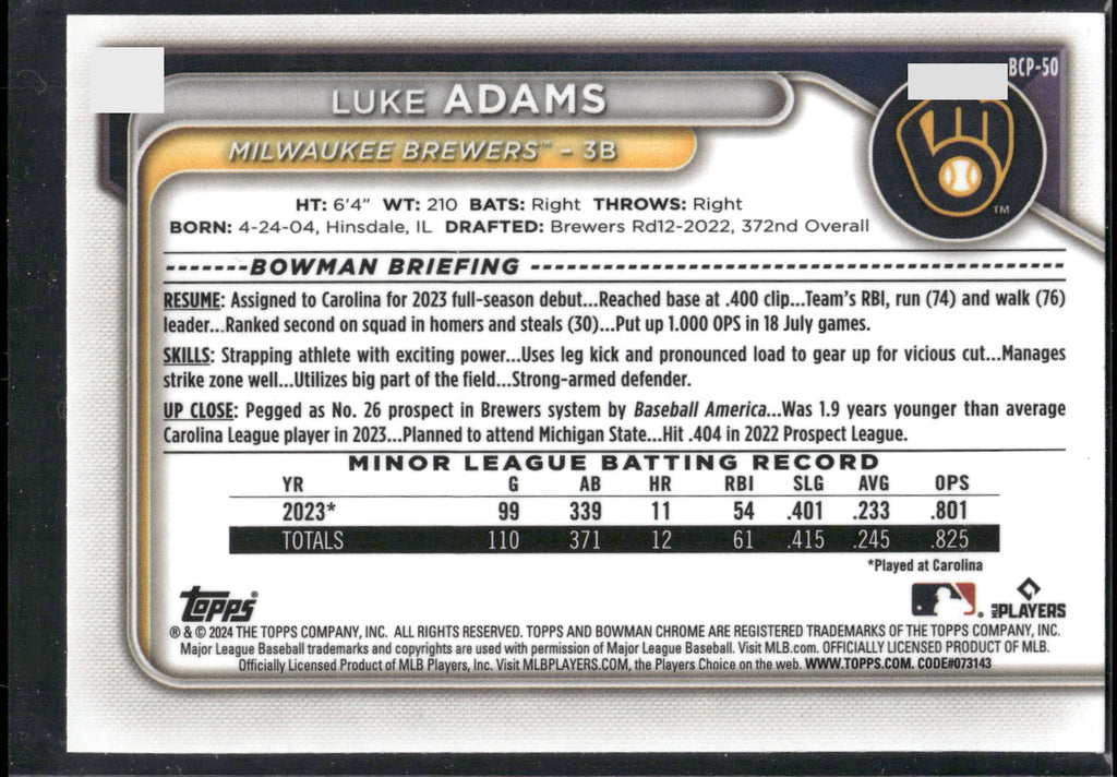 2024 Bowman #BCP-50 Luke Adams Chrome Prospects