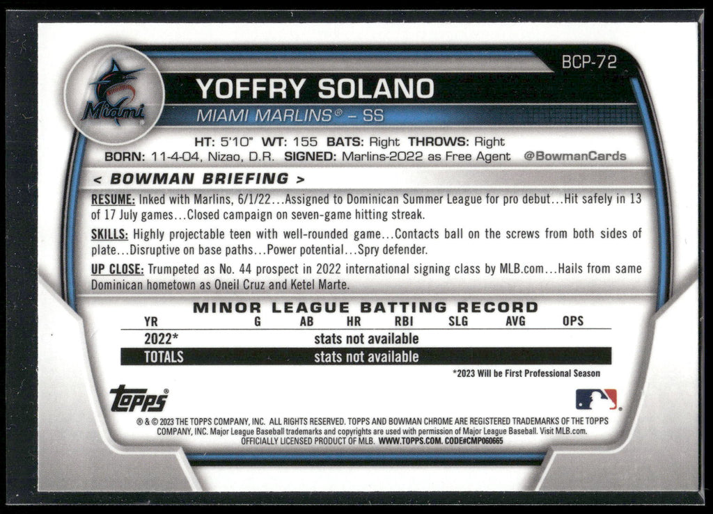 2023 Bowman #BCP-72 Yoffry Solano Chrome Prospects