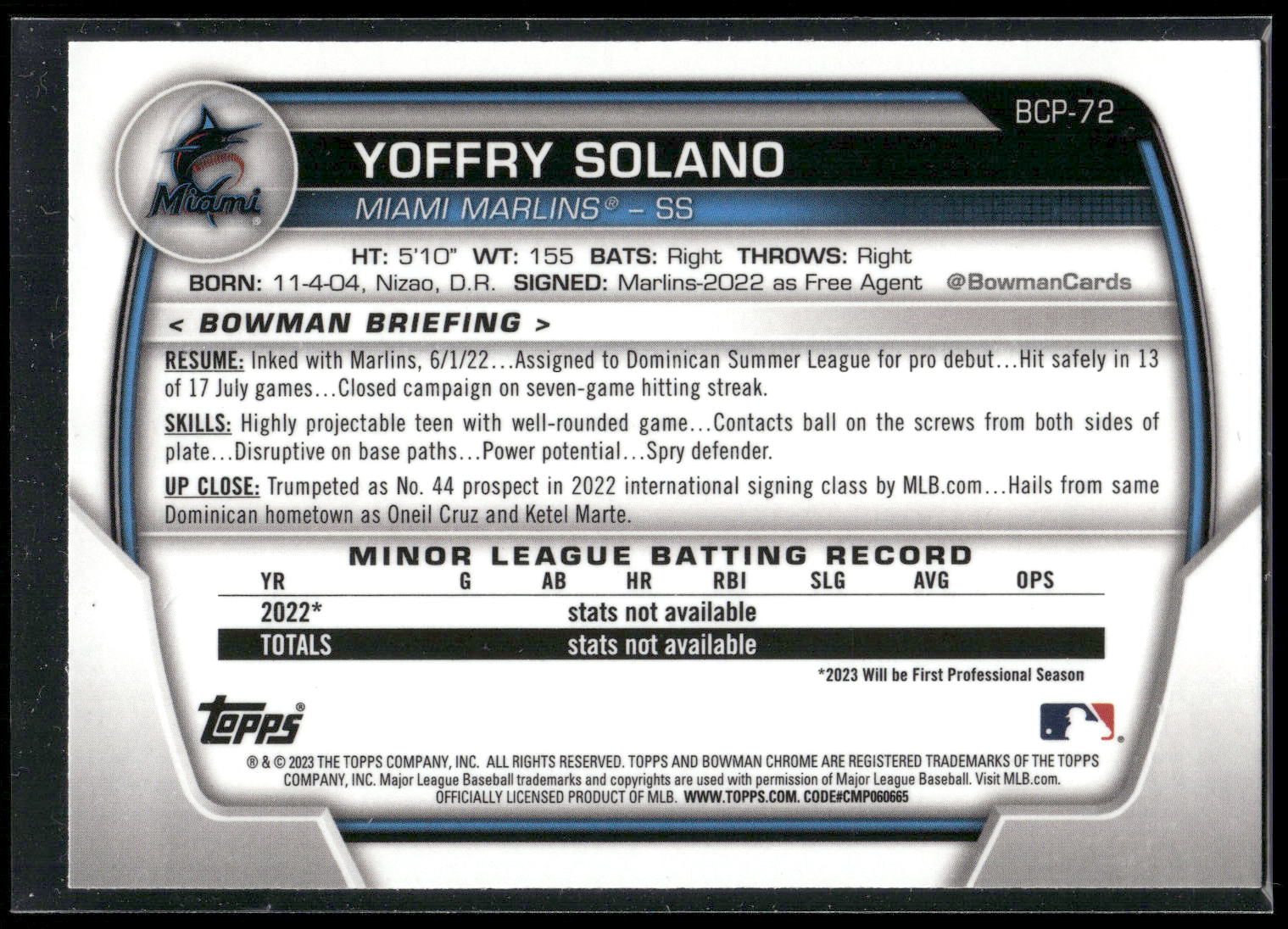 2023 Bowman #BCP-72 Yoffry Solano Chrome Prospects