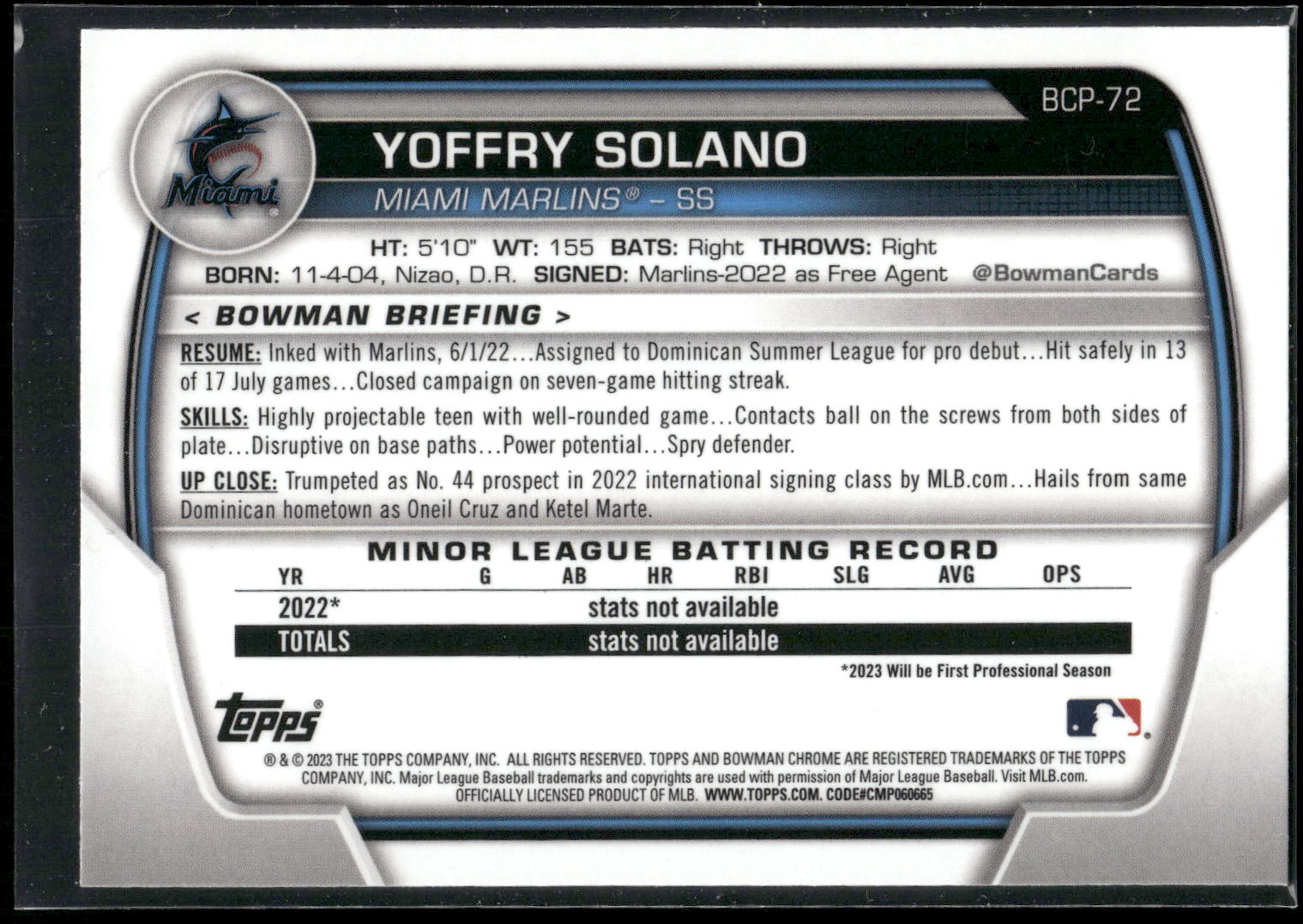 2023 Bowman #BCP-72 Yoffry Solano Chrome Prospects