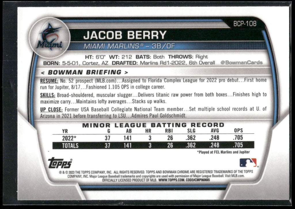 2023 Bowman #BCP-108 Jacob Berry Chrome Prospects