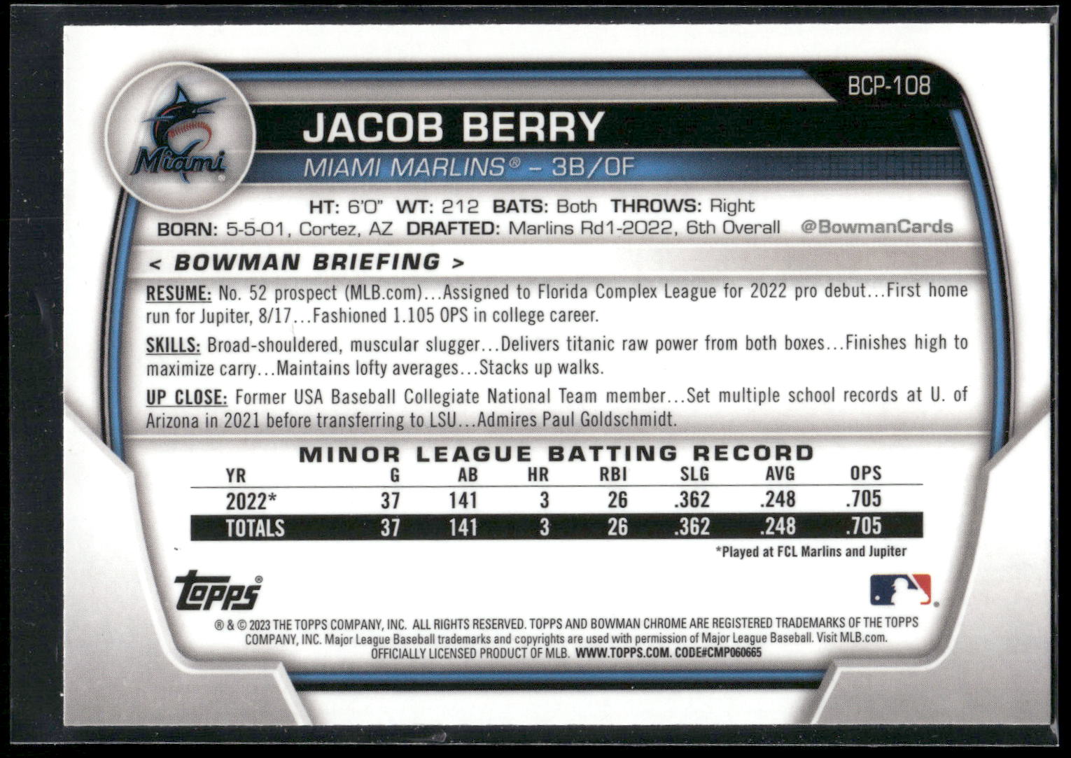 2023 Bowman #BCP-108 Jacob Berry Chrome Prospects