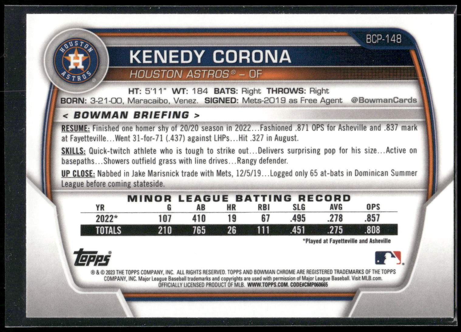 2023 Bowman #BCP-148 Kenedy Corona Chrome Prospects