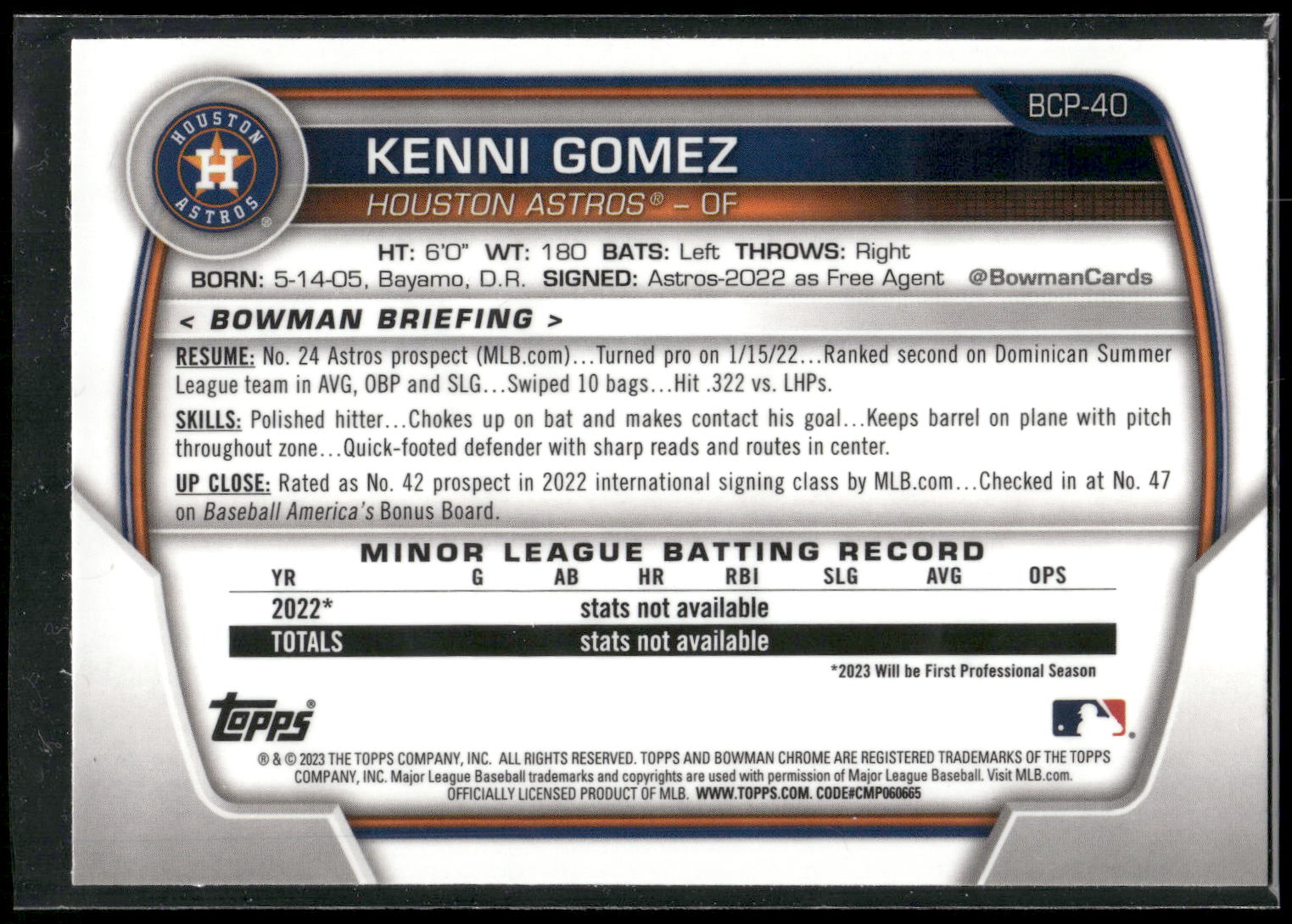 2023 Bowman #BCP-40 Kenni Gomez Chrome Prospects