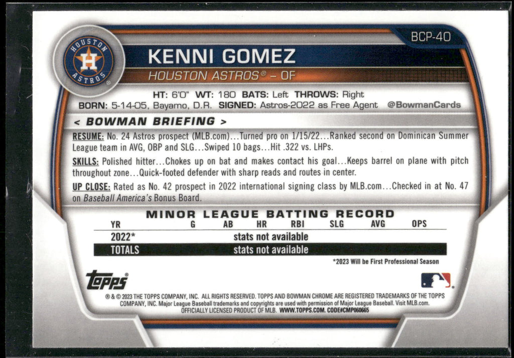 2023 Bowman #BCP-40 Kenni Gomez Chrome Prospects