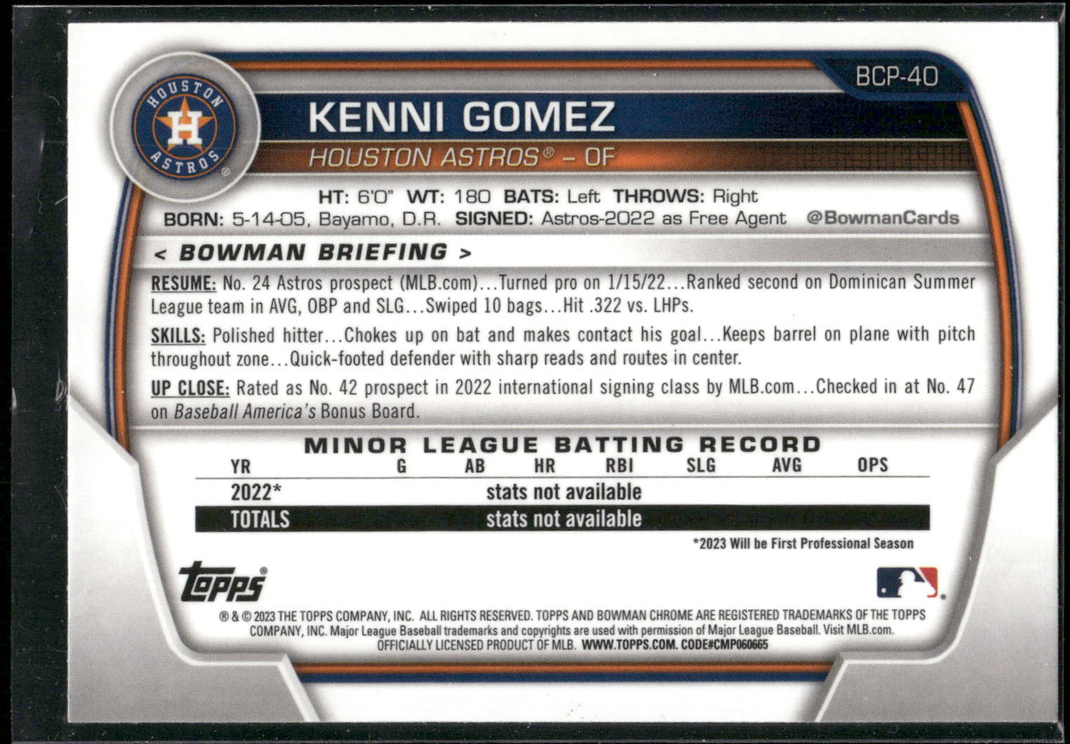 2023 Bowman #BCP-40 Kenni Gomez Chrome Prospects