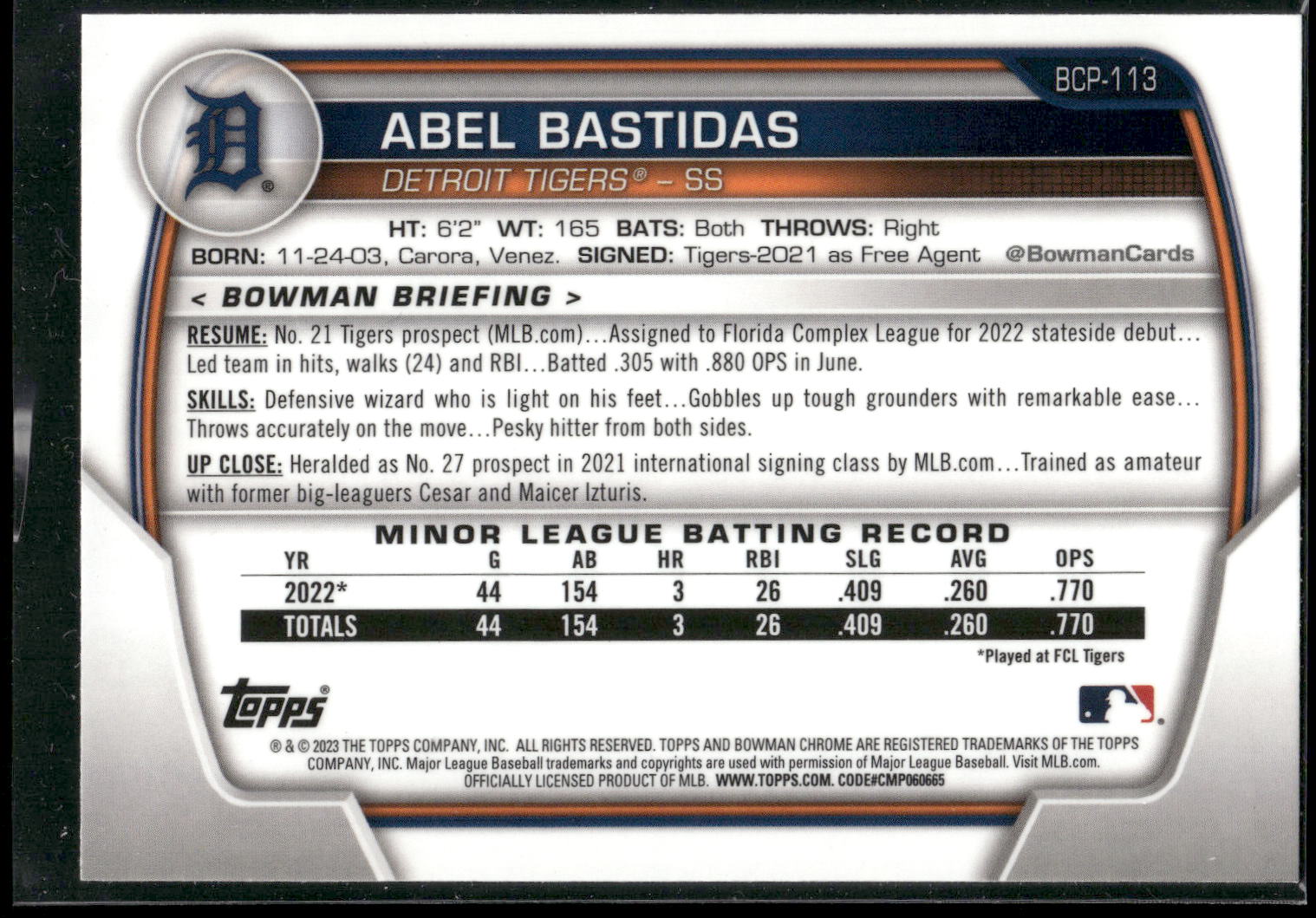 2023 Bowman #BCP-113 Abel Bastidas Chrome Prospects