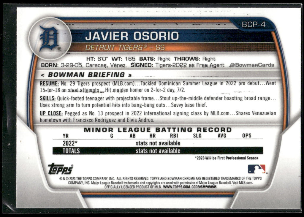 2023 Bowman #BCP-4 Javier Osorio Chrome Prospects