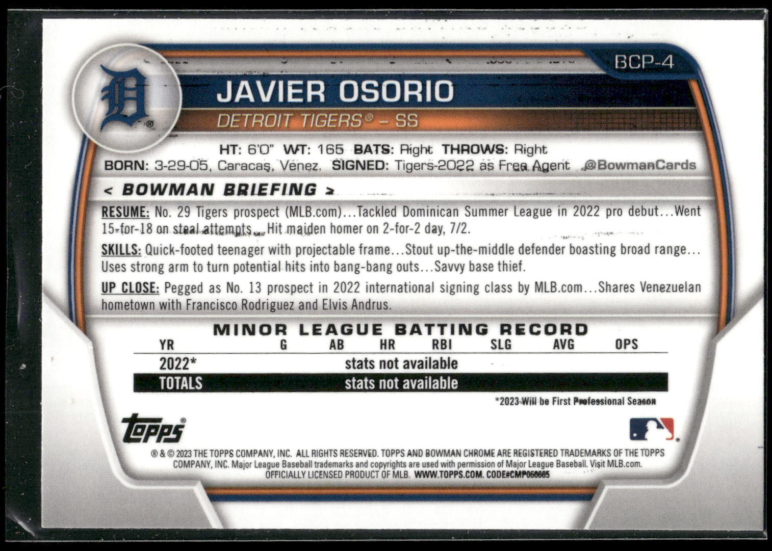 2023 Bowman #BCP-4 Javier Osorio Chrome Prospects