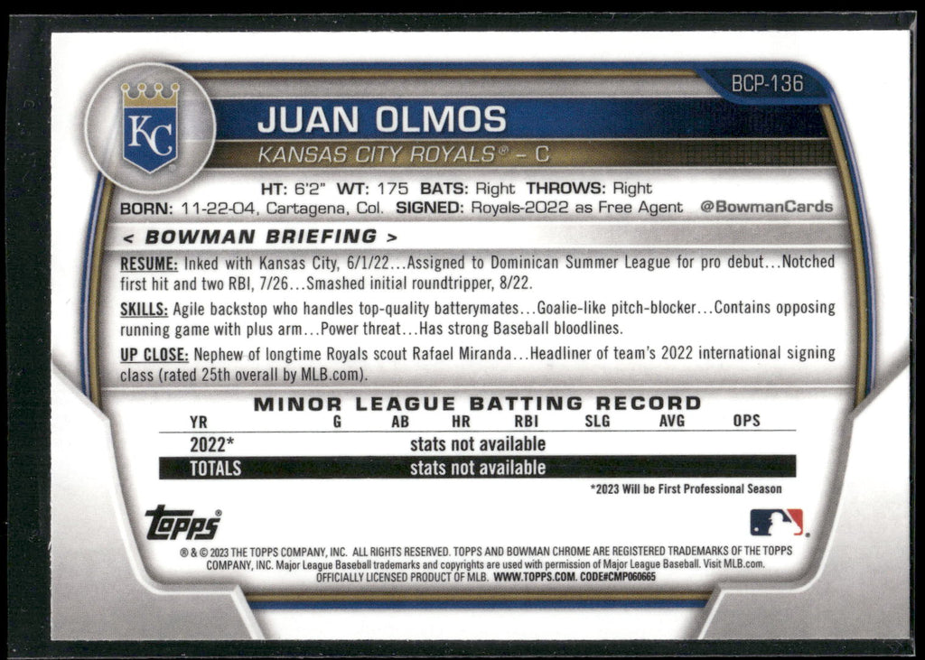 2023 Bowman #BCP-136 Juan Olmos Chrome Prospects