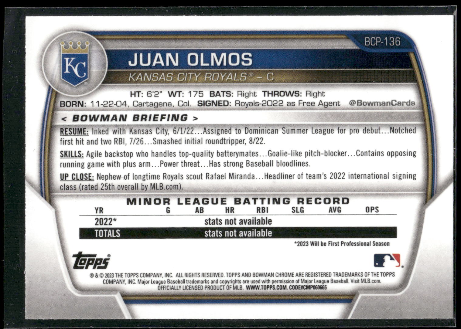 2023 Bowman #BCP-136 Juan Olmos Chrome Prospects