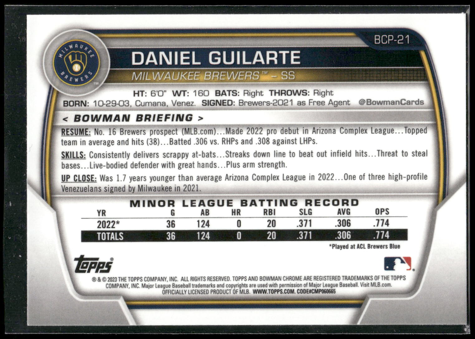 2023 Bowman #BCP-21 Daniel Guilarte Chrome Prospects