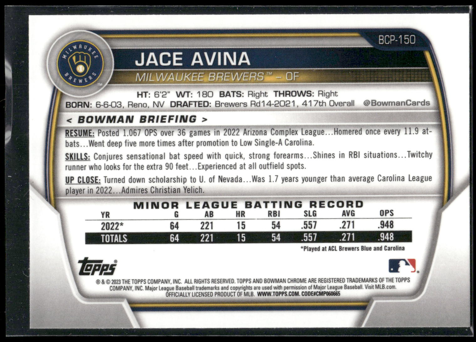 2023 Bowman #BCP-150 Jace Avina Chrome Prospects