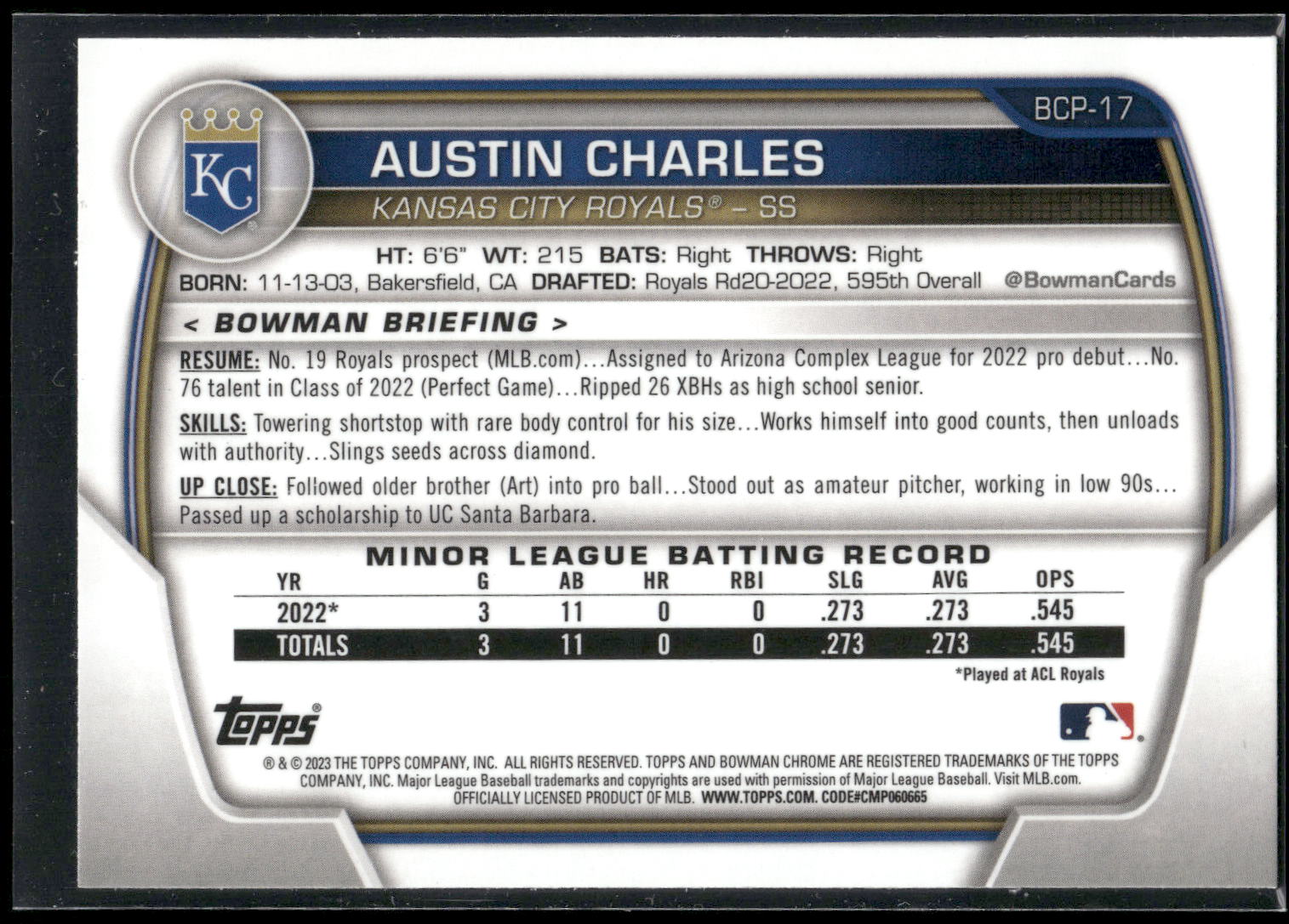 2023 Bowman #BCP-17 Austin Charles Chrome Prospects