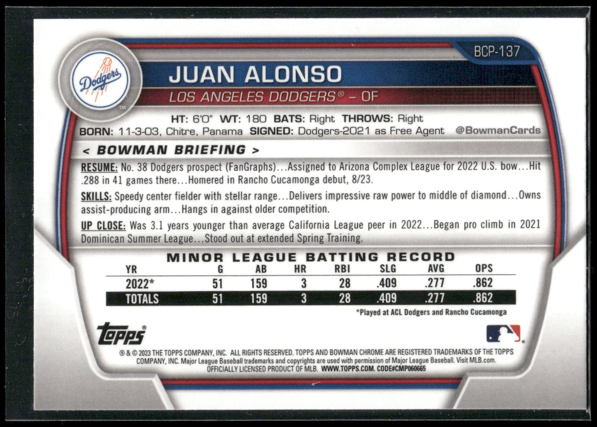 2023 Bowman #BCP-137 Juan Alonso Chrome Prospects