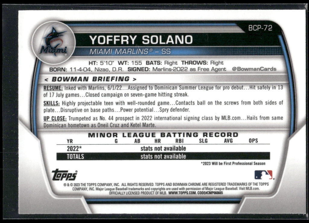 2023 Bowman #BCP-72 Yoffry Solano Chrome Prospects