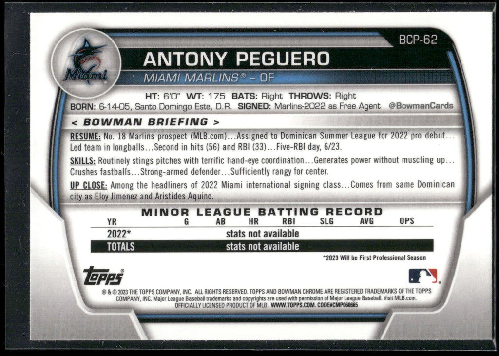 2023 Bowman #BCP-62 Antony Peguero Chrome Prospects