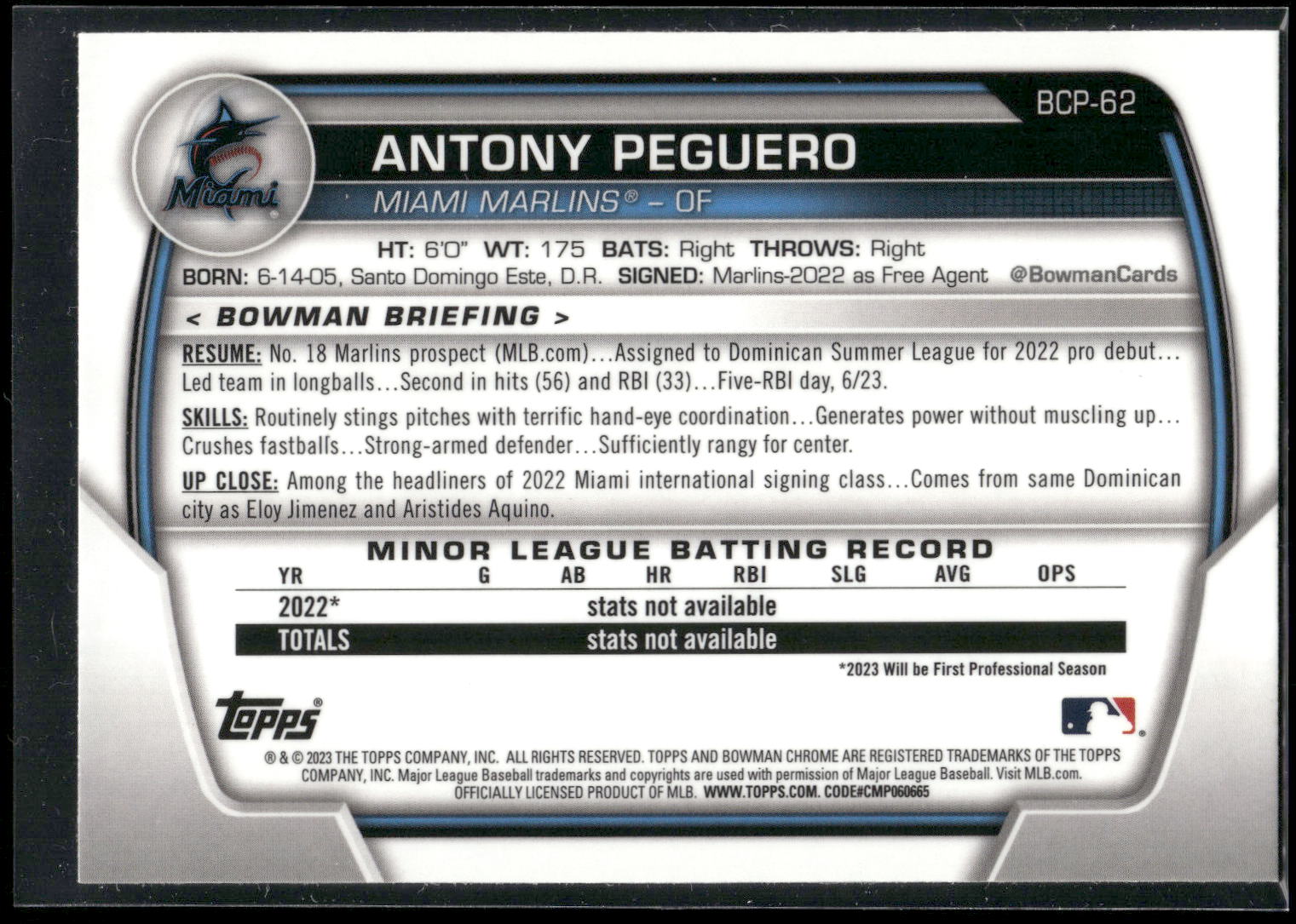 2023 Bowman #BCP-62 Antony Peguero Chrome Prospects