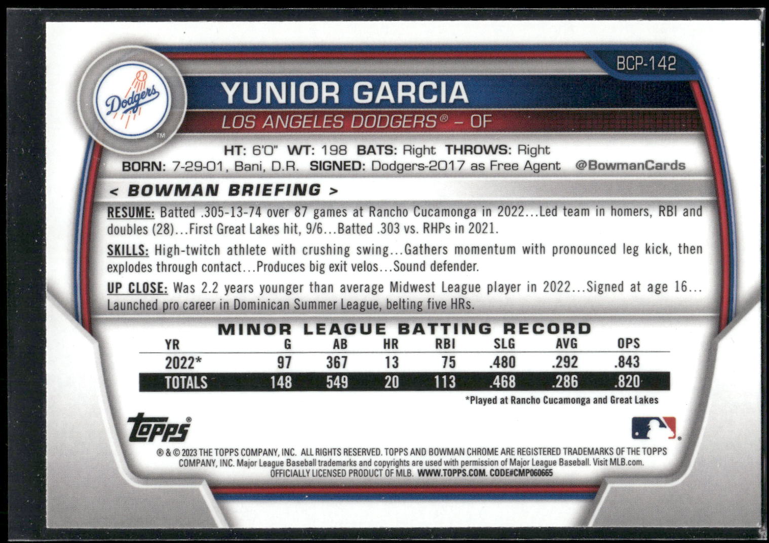2023 Bowman #BCP-142 Yunior Garcia Chrome Prospects