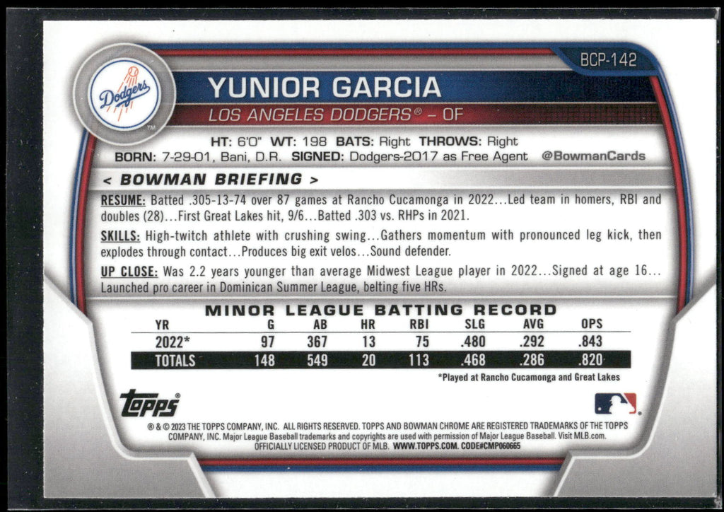 2023 Bowman #BCP-142 Yunior Garcia Chrome Prospects