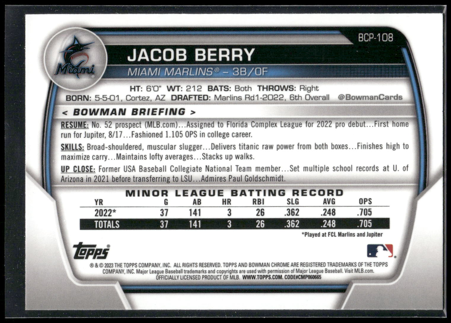 2023 Bowman #BCP-108 Jacob Berry Chrome Prospects