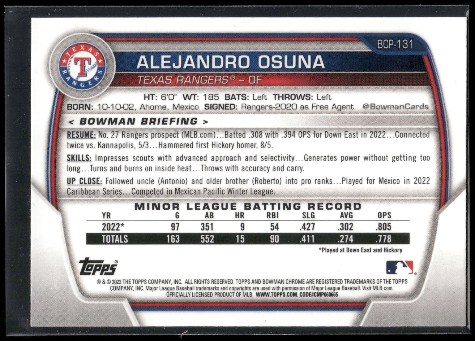 2023 Bowman #BCP-131 Alejandro Osuna Chrome Prospects
