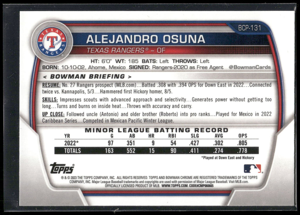 2023 Bowman #BCP-131 Alejandro Osuna Chrome Prospects