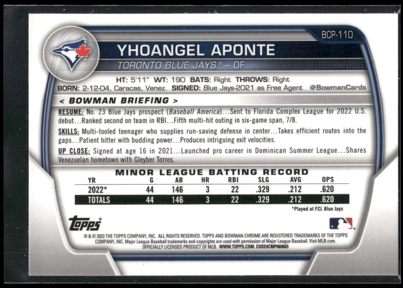2023 Bowman #BCP-110 Yhoangel Aponte Chrome Prospects