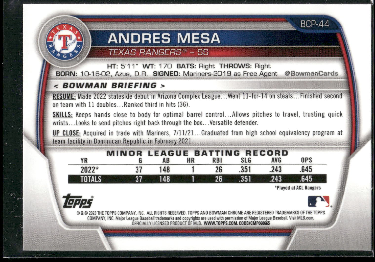 2023 Bowman #BCP-44 Andres Mesa Chrome Prospects