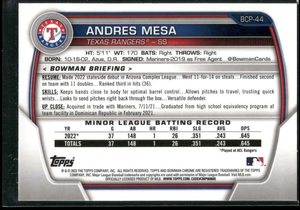 2023 Bowman #BCP-44 Andres Mesa Chrome Prospects