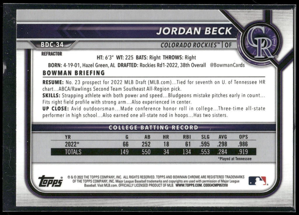 2022 Bowman Draft #BDC-34 Jordan Beck Chrome Refractor
