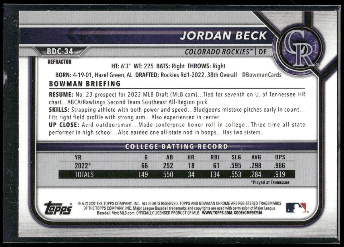 2022 Bowman Draft #BDC-34 Jordan Beck Chrome Refractor