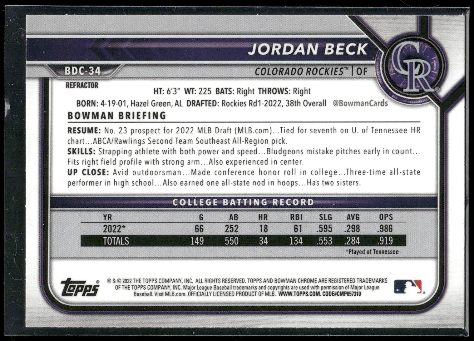 2022 Bowman Draft #BDC-34 Jordan Beck Chrome Refractor
