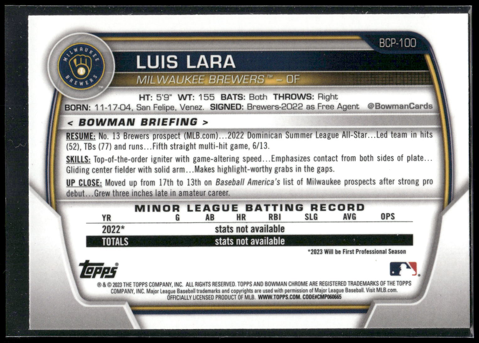 2023 Bowman #BCP-100 Luis Lara Chrome Prospects