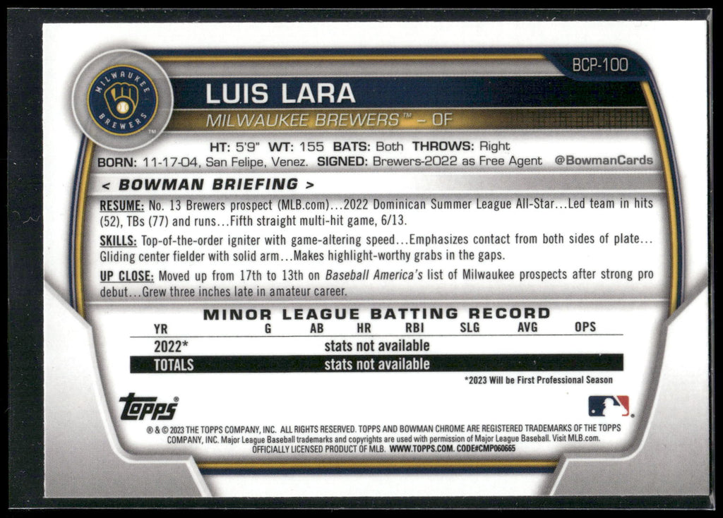 2023 Bowman #BCP-100 Luis Lara Chrome Prospects