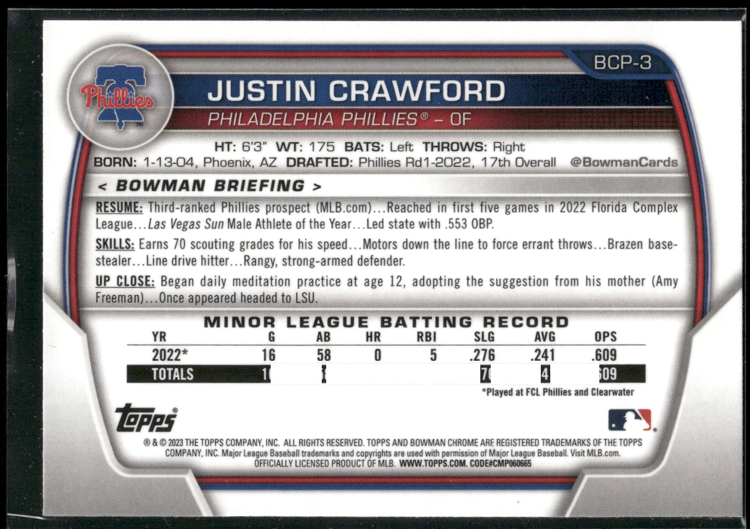 2023 Bowman #BCP-3 Justin Crawford Chrome Prospects