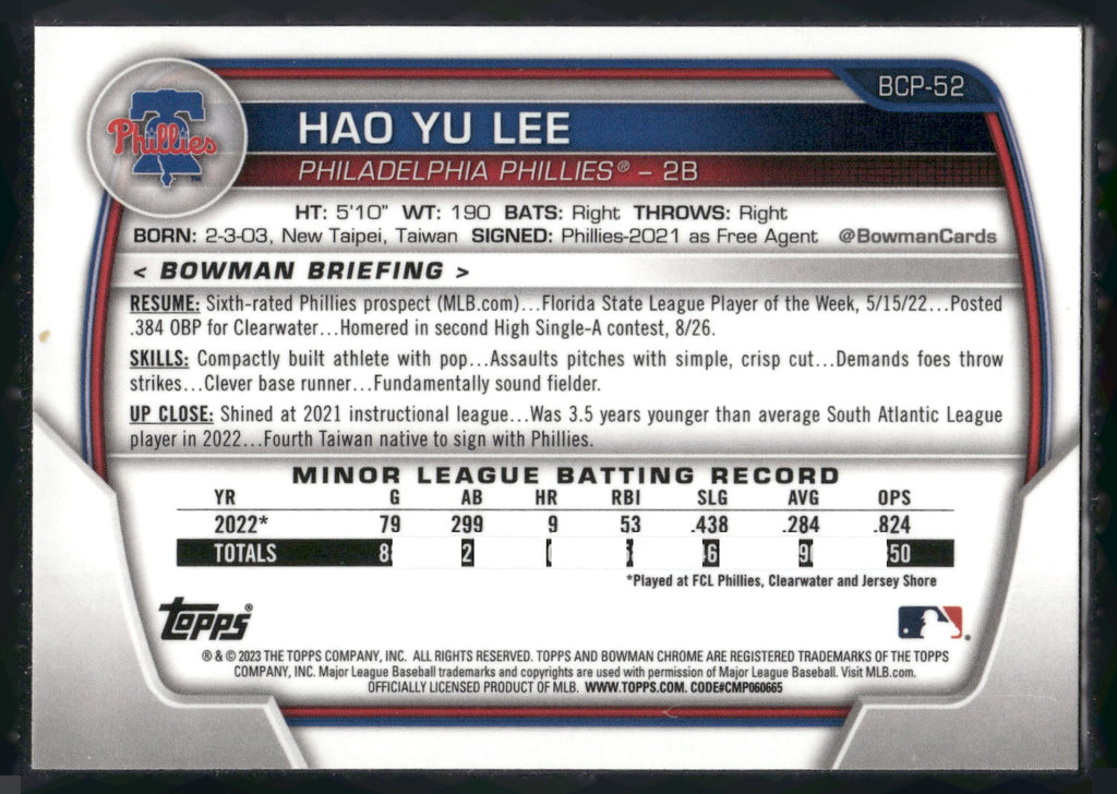 2023 Bowman #BCP-52 Hao Yu Lee Chrome Prospects