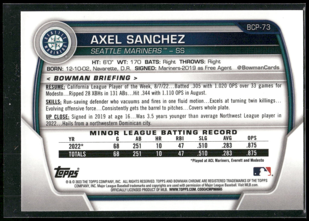 2023 Bowman #BCP-73 Axel Sanchez Chrome Prospects