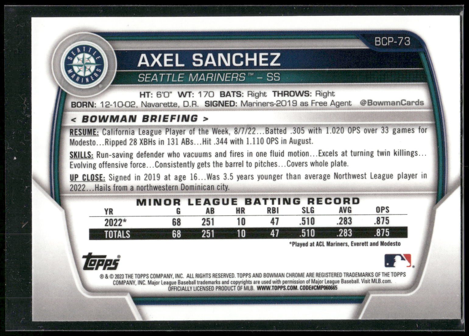 2023 Bowman #BCP-73 Axel Sanchez Chrome Prospects