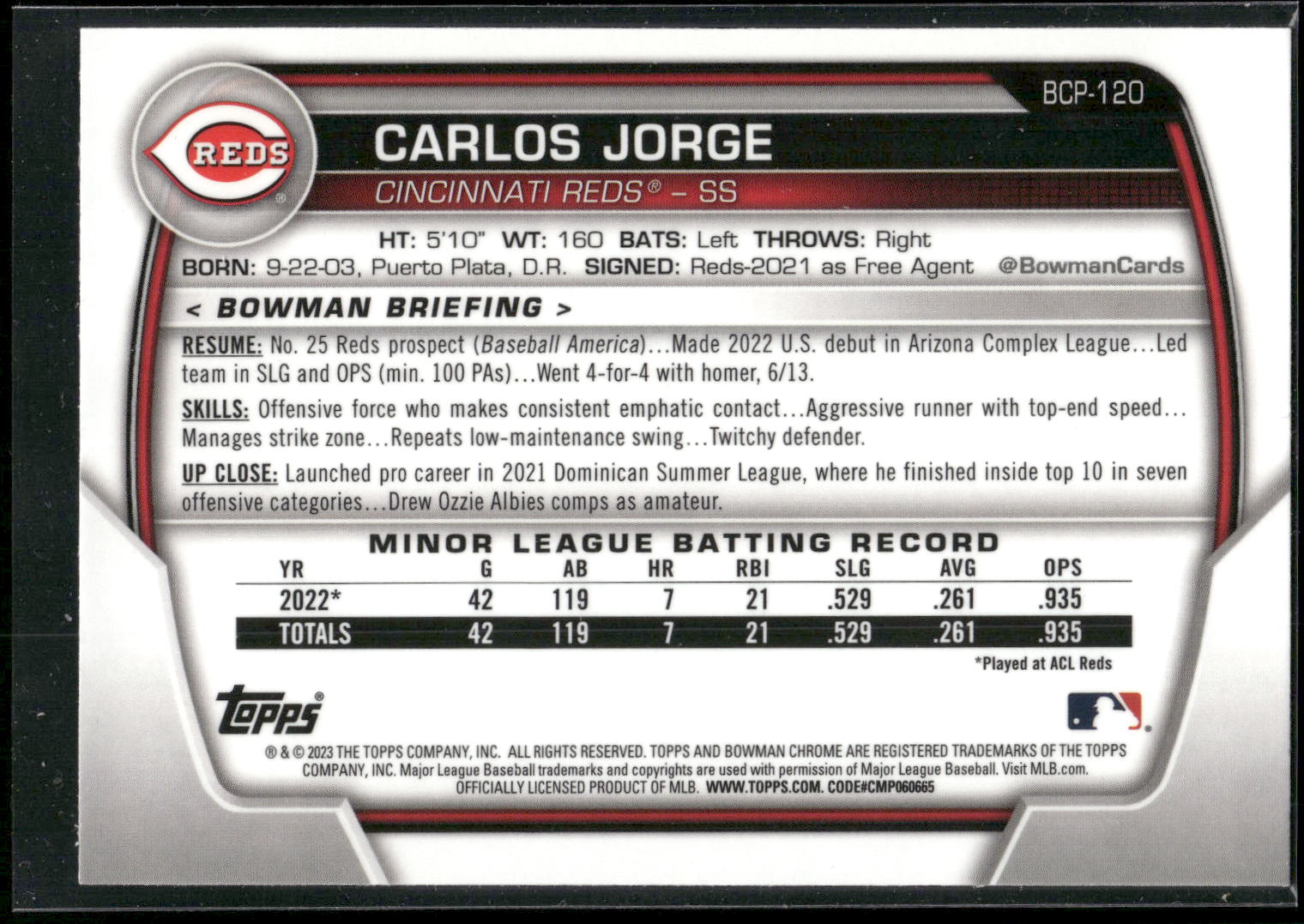 2023 Bowman #BP-120 Carlos Jorge Prospects