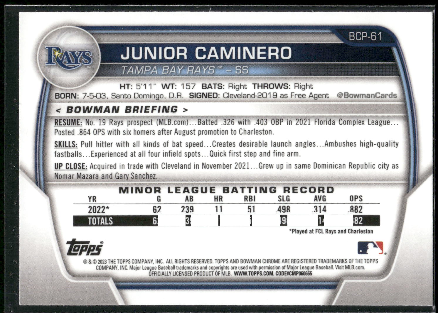 2023 Bowman #BCP-61 Junior Caminero Chrome Prospects