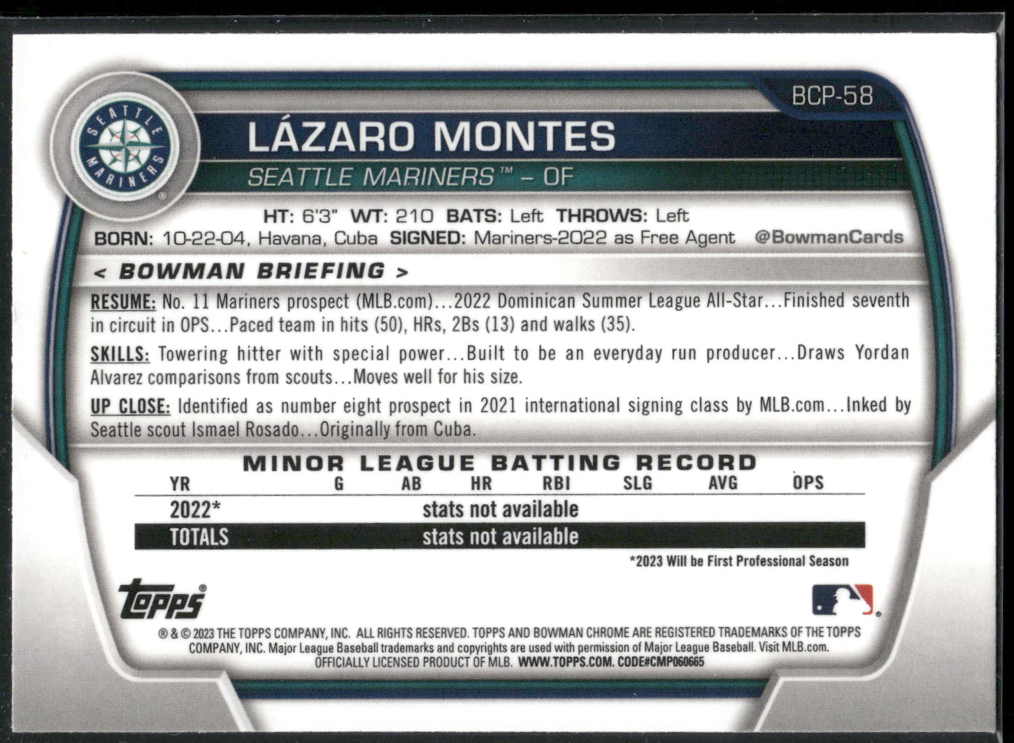 2023 Bowman #BCP-58 Lazaro Montes Chrome Prospects