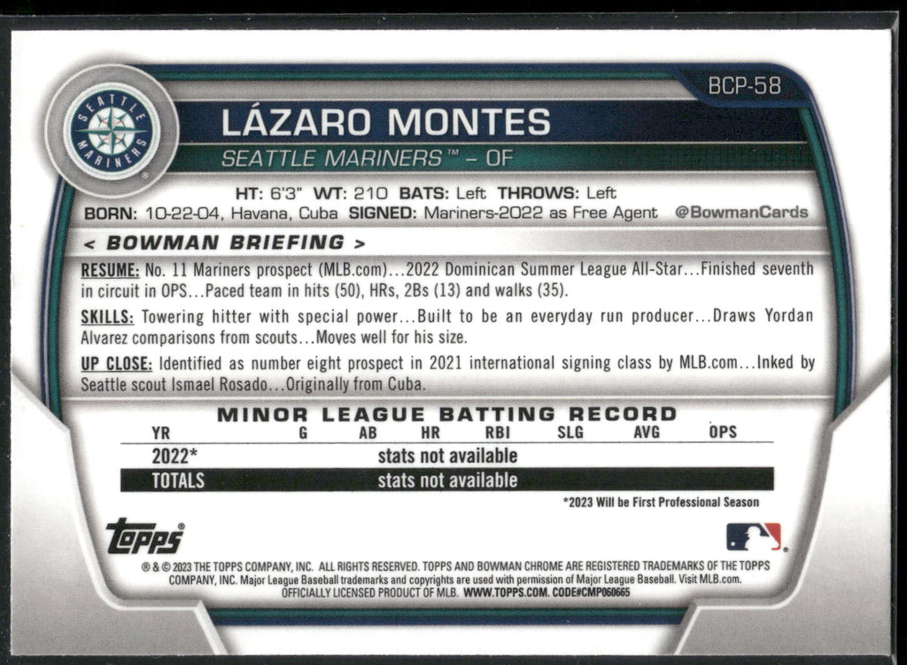 2023 Bowman #BCP-58 Lazaro Montes Chrome Prospects