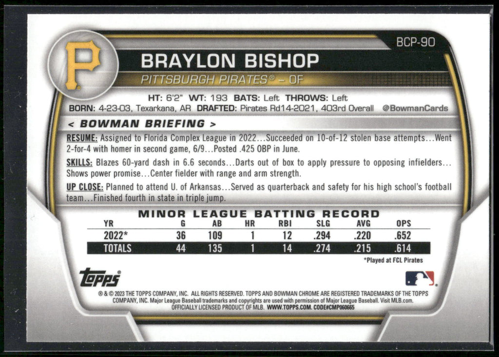 2023 Bowman #BCP-90 Braylon Bishop Chrome Prospects