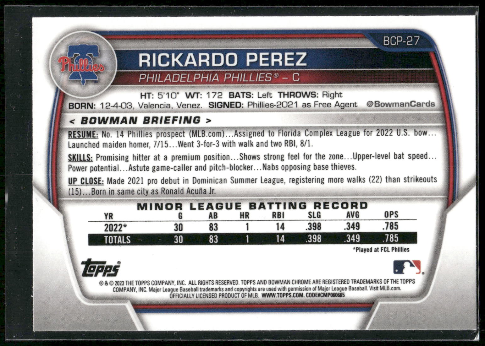 2023 Bowman #BCP-27 Rickardo Perez Chrome Prospects