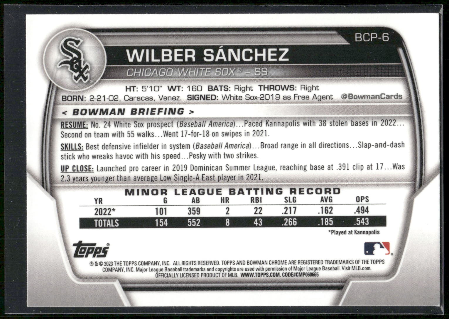2023 Bowman #BCP-6 Wilber Sánchez Chrome Prospects Refractors #/499