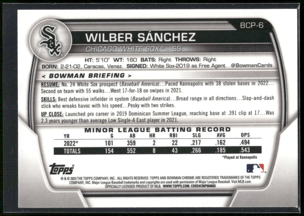 2023 Bowman #BCP-6 Wilber Sánchez Chrome Prospects Refractors #/499